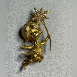 Mylu Christmas Fairy Brooch Rhinestone 3D High Relief Vintage